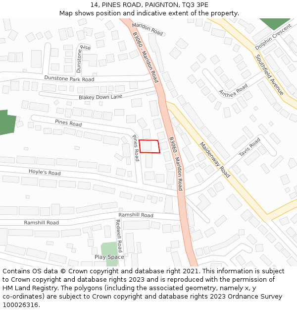 14, PINES ROAD, PAIGNTON, TQ3 3PE: Location map and indicative extent of plot