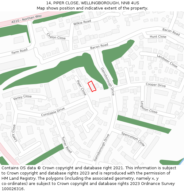 14, PIPER CLOSE, WELLINGBOROUGH, NN8 4US: Location map and indicative extent of plot