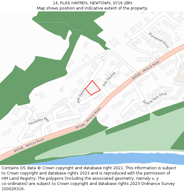 14, PLAS HAFREN, NEWTOWN, SY16 2BN: Location map and indicative extent of plot