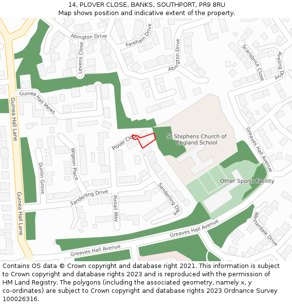 14, PLOVER CLOSE, BANKS, SOUTHPORT, PR9 8RU: Location map and indicative extent of plot