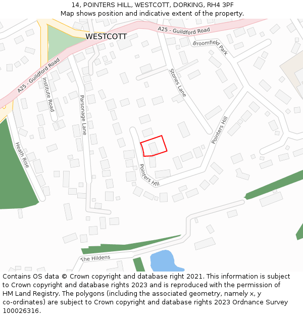 14, POINTERS HILL, WESTCOTT, DORKING, RH4 3PF: Location map and indicative extent of plot