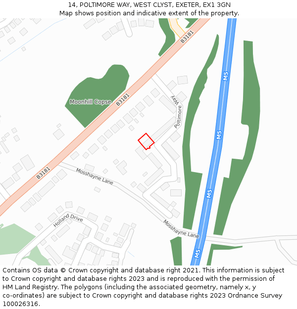 14, POLTIMORE WAY, WEST CLYST, EXETER, EX1 3GN: Location map and indicative extent of plot