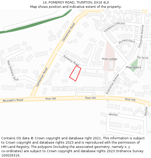 14, POMEROY ROAD, TIVERTON, EX16 4LX: Location map and indicative extent of plot