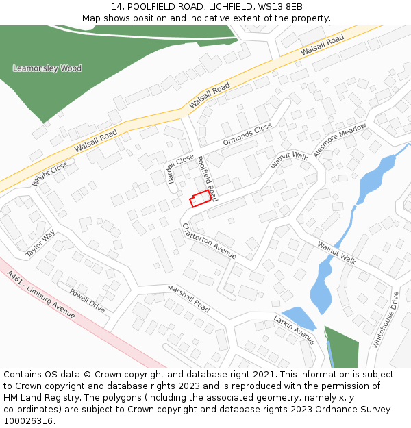 14, POOLFIELD ROAD, LICHFIELD, WS13 8EB: Location map and indicative extent of plot