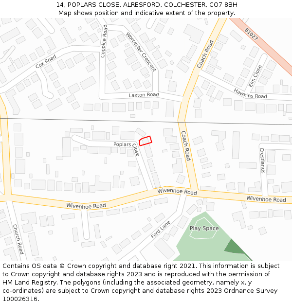 14, POPLARS CLOSE, ALRESFORD, COLCHESTER, CO7 8BH: Location map and indicative extent of plot