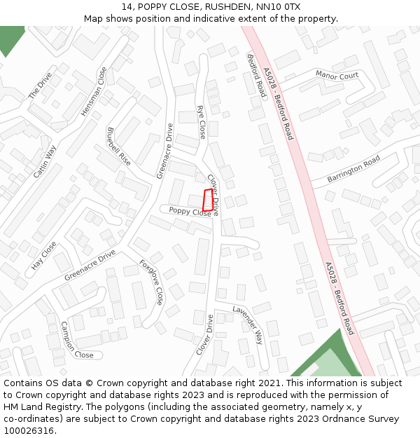 14, POPPY CLOSE, RUSHDEN, NN10 0TX: Location map and indicative extent of plot