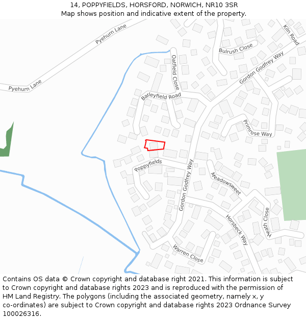 14, POPPYFIELDS, HORSFORD, NORWICH, NR10 3SR: Location map and indicative extent of plot