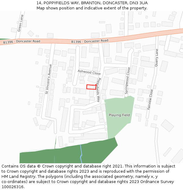 14, POPPYFIELDS WAY, BRANTON, DONCASTER, DN3 3UA: Location map and indicative extent of plot