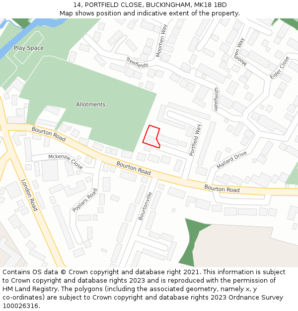 14, PORTFIELD CLOSE, BUCKINGHAM, MK18 1BD: Location map and indicative extent of plot