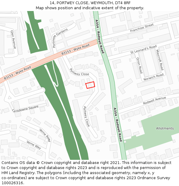 14, PORTWEY CLOSE, WEYMOUTH, DT4 8RF: Location map and indicative extent of plot