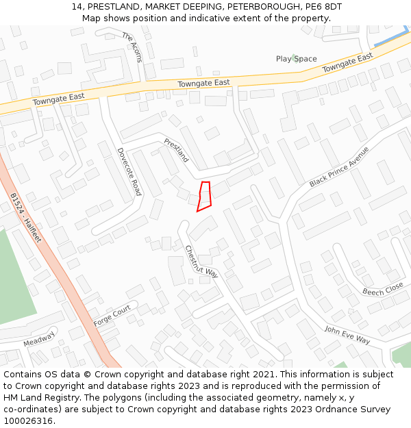 14, PRESTLAND, MARKET DEEPING, PETERBOROUGH, PE6 8DT: Location map and indicative extent of plot