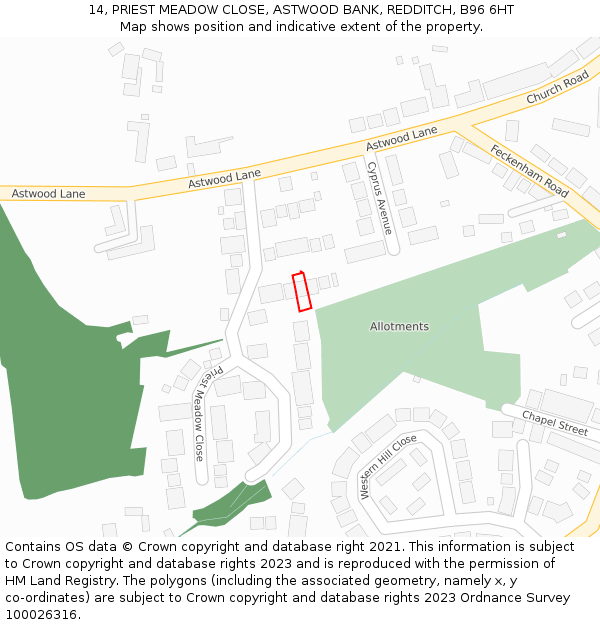 14, PRIEST MEADOW CLOSE, ASTWOOD BANK, REDDITCH, B96 6HT: Location map and indicative extent of plot