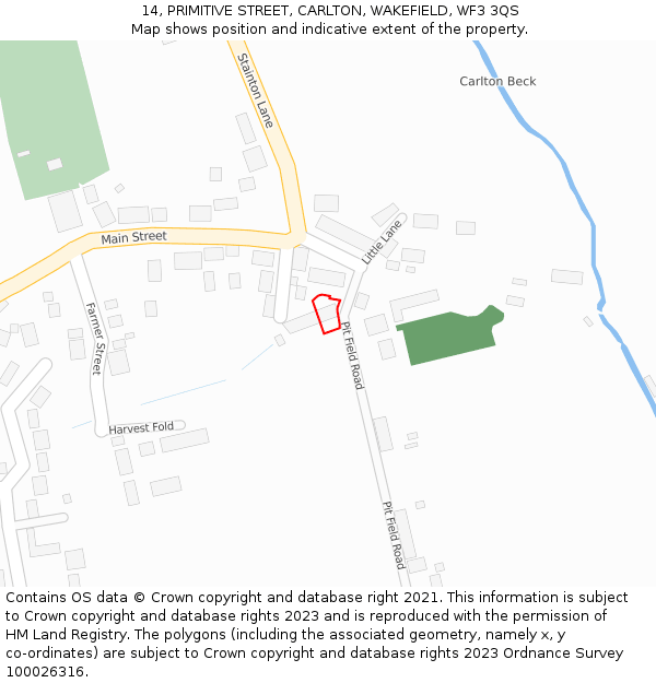 14, PRIMITIVE STREET, CARLTON, WAKEFIELD, WF3 3QS: Location map and indicative extent of plot