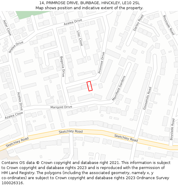 14, PRIMROSE DRIVE, BURBAGE, HINCKLEY, LE10 2SL: Location map and indicative extent of plot