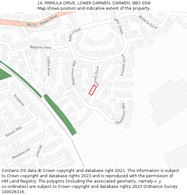 14, PRIMULA DRIVE, LOWER DARWEN, DARWEN, BB3 0SW: Location map and indicative extent of plot