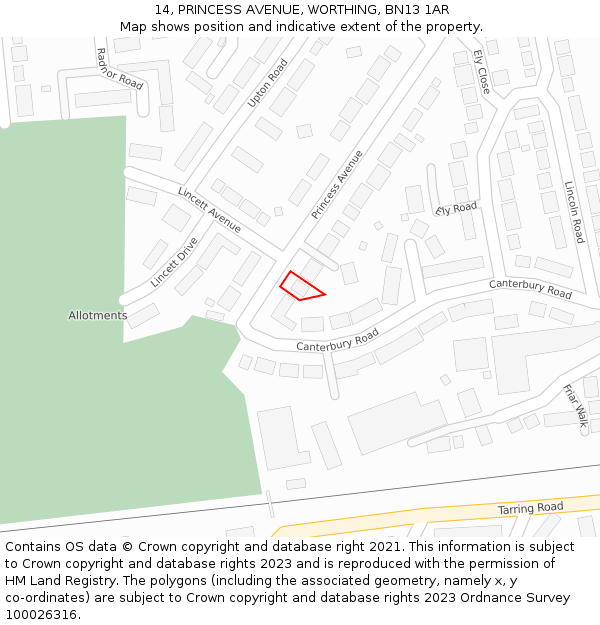 14, PRINCESS AVENUE, WORTHING, BN13 1AR: Location map and indicative extent of plot