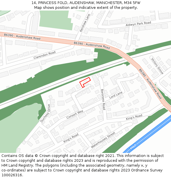 14, PRINCESS FOLD, AUDENSHAW, MANCHESTER, M34 5FW: Location map and indicative extent of plot