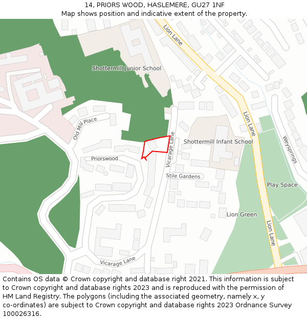 14, PRIORS WOOD, HASLEMERE, GU27 1NF: Location map and indicative extent of plot