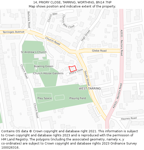 14, PRIORY CLOSE, TARRING, WORTHING, BN14 7NP: Location map and indicative extent of plot