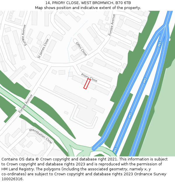 14, PRIORY CLOSE, WEST BROMWICH, B70 6TB: Location map and indicative extent of plot