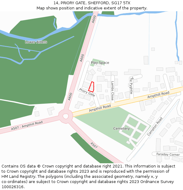 14, PRIORY GATE, SHEFFORD, SG17 5TX: Location map and indicative extent of plot