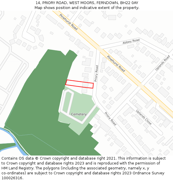 14, PRIORY ROAD, WEST MOORS, FERNDOWN, BH22 0AY: Location map and indicative extent of plot