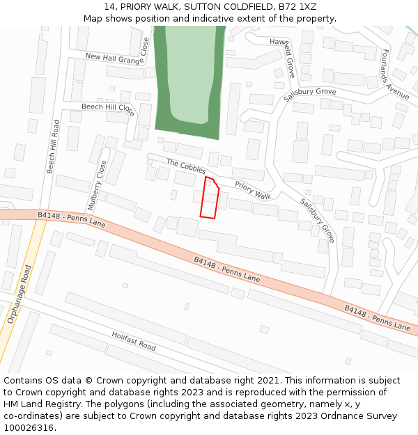 14, PRIORY WALK, SUTTON COLDFIELD, B72 1XZ: Location map and indicative extent of plot