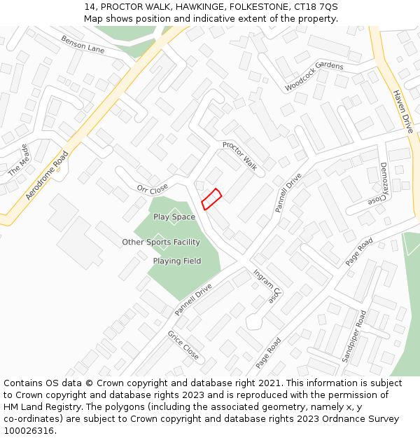 14, PROCTOR WALK, HAWKINGE, FOLKESTONE, CT18 7QS: Location map and indicative extent of plot