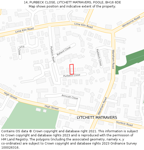 14, PURBECK CLOSE, LYTCHETT MATRAVERS, POOLE, BH16 6DE: Location map and indicative extent of plot