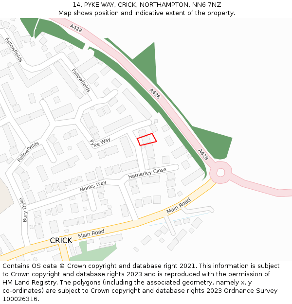 14, PYKE WAY, CRICK, NORTHAMPTON, NN6 7NZ: Location map and indicative extent of plot