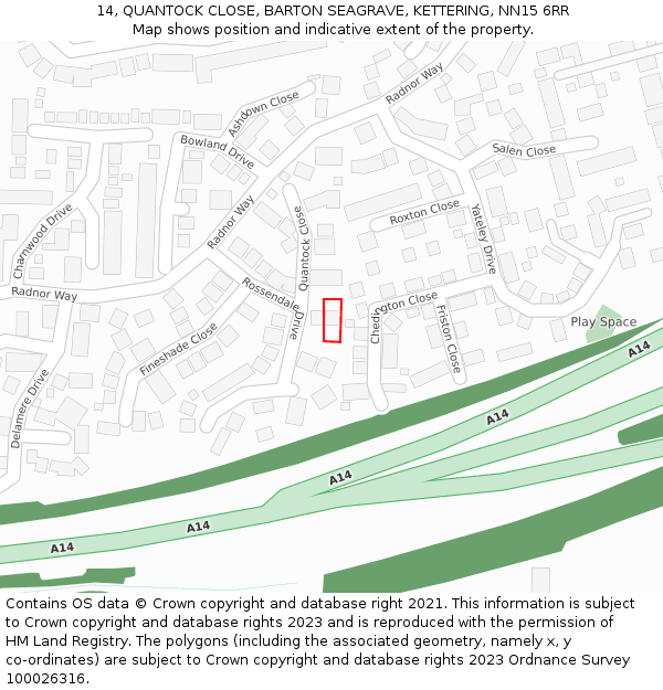 14, QUANTOCK CLOSE, BARTON SEAGRAVE, KETTERING, NN15 6RR: Location map and indicative extent of plot