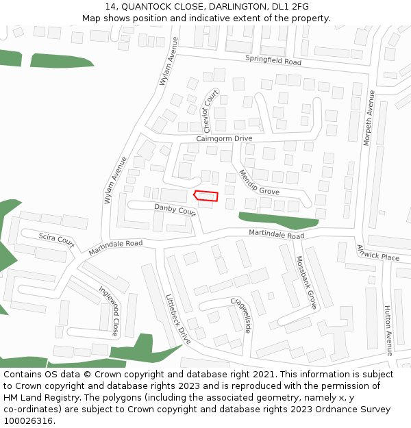 14, QUANTOCK CLOSE, DARLINGTON, DL1 2FG: Location map and indicative extent of plot