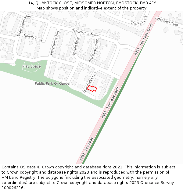 14, QUANTOCK CLOSE, MIDSOMER NORTON, RADSTOCK, BA3 4FY: Location map and indicative extent of plot