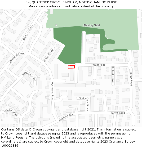 14, QUANTOCK GROVE, BINGHAM, NOTTINGHAM, NG13 8SE: Location map and indicative extent of plot