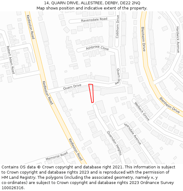 14, QUARN DRIVE, ALLESTREE, DERBY, DE22 2NQ: Location map and indicative extent of plot