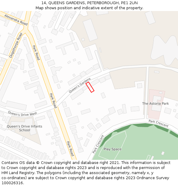 14, QUEENS GARDENS, PETERBOROUGH, PE1 2UN: Location map and indicative extent of plot