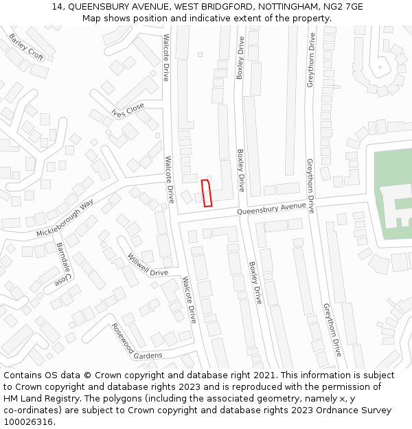 14, QUEENSBURY AVENUE, WEST BRIDGFORD, NOTTINGHAM, NG2 7GE: Location map and indicative extent of plot