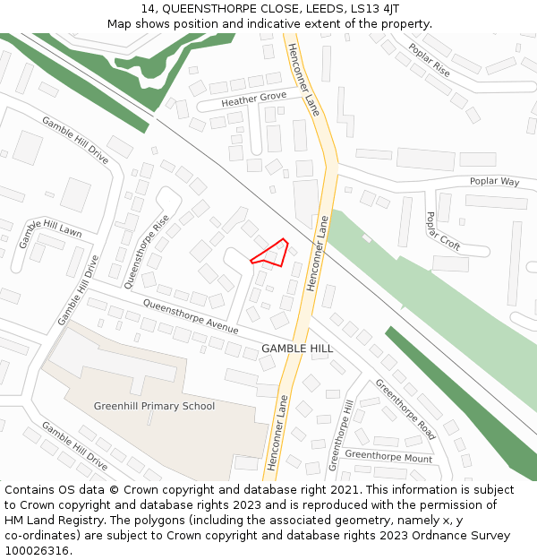 14, QUEENSTHORPE CLOSE, LEEDS, LS13 4JT: Location map and indicative extent of plot