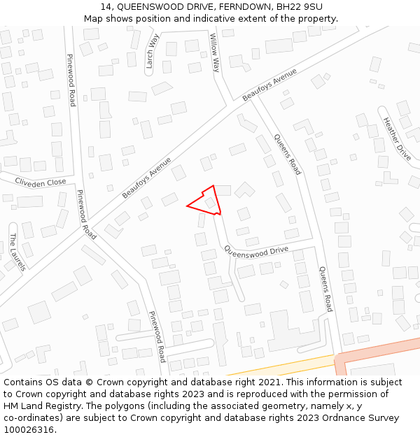 14, QUEENSWOOD DRIVE, FERNDOWN, BH22 9SU: Location map and indicative extent of plot