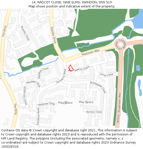 14, RADCOT CLOSE, NINE ELMS, SWINDON, SN5 5UY: Location map and indicative extent of plot