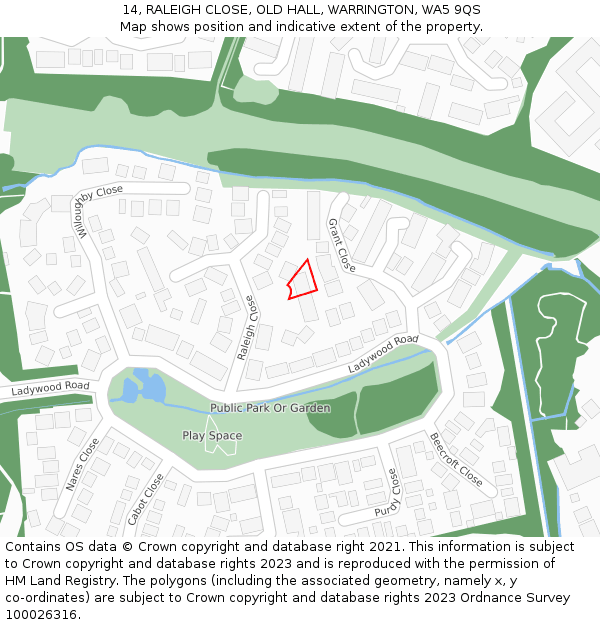 14, RALEIGH CLOSE, OLD HALL, WARRINGTON, WA5 9QS: Location map and indicative extent of plot