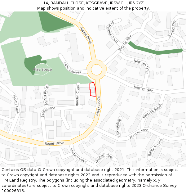 14, RANDALL CLOSE, KESGRAVE, IPSWICH, IP5 2YZ: Location map and indicative extent of plot