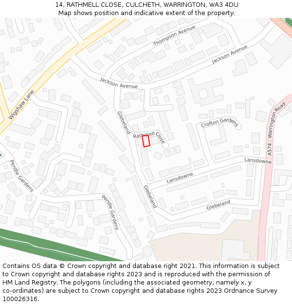 14, RATHMELL CLOSE, CULCHETH, WARRINGTON, WA3 4DU: Location map and indicative extent of plot