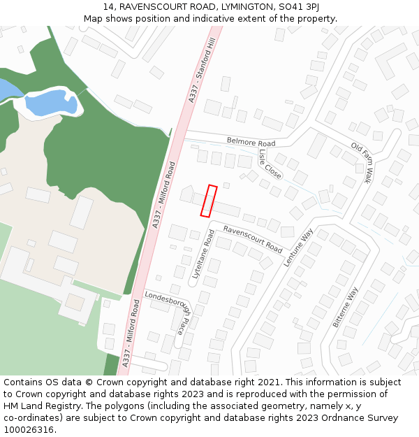 14, RAVENSCOURT ROAD, LYMINGTON, SO41 3PJ: Location map and indicative extent of plot