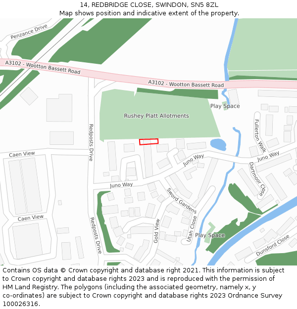 14, REDBRIDGE CLOSE, SWINDON, SN5 8ZL: Location map and indicative extent of plot