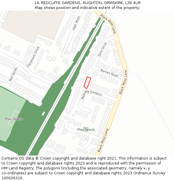 14, REDCLIFFE GARDENS, AUGHTON, ORMSKIRK, L39 4UR: Location map and indicative extent of plot