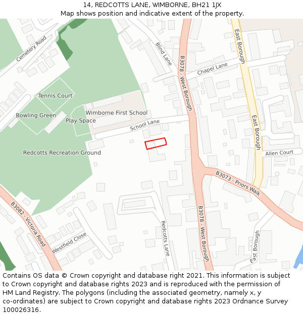 14, REDCOTTS LANE, WIMBORNE, BH21 1JX: Location map and indicative extent of plot