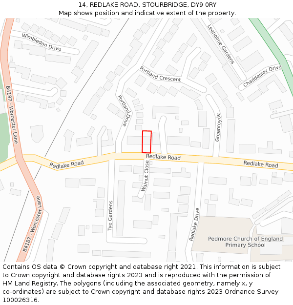 14, REDLAKE ROAD, STOURBRIDGE, DY9 0RY: Location map and indicative extent of plot
