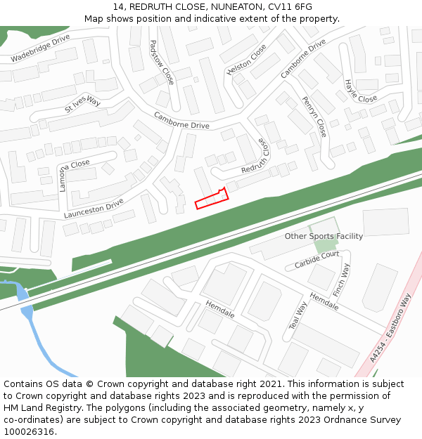 14, REDRUTH CLOSE, NUNEATON, CV11 6FG: Location map and indicative extent of plot