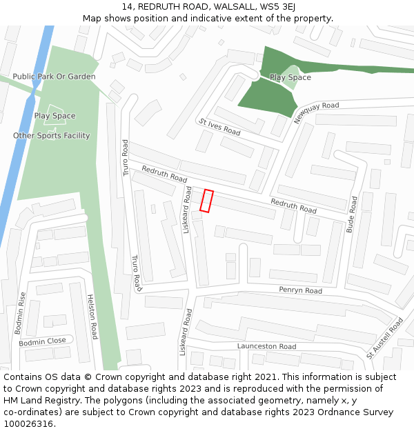 14, REDRUTH ROAD, WALSALL, WS5 3EJ: Location map and indicative extent of plot